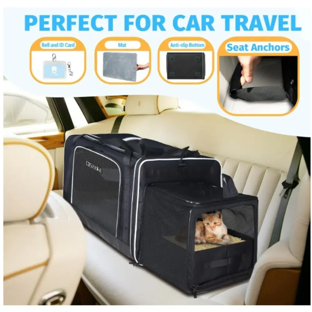 Petskd Store Side Expandable Extra Large Cat Carrier with Litter Box, Black
